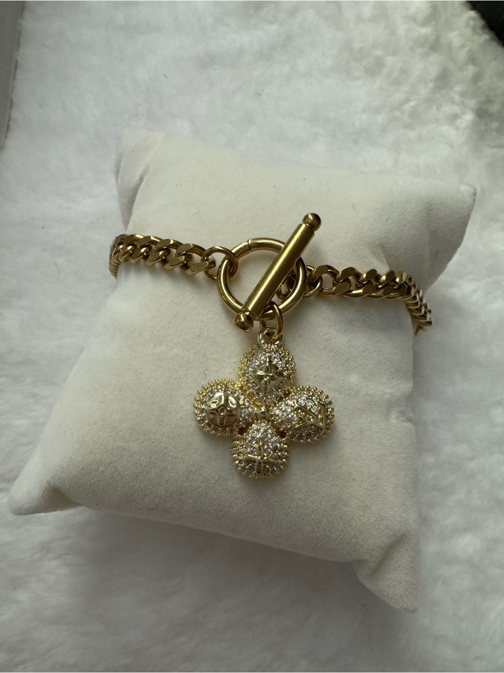 Gold-Tone Crystal Clover Charm Toggle Bracelet - Women Jewelry